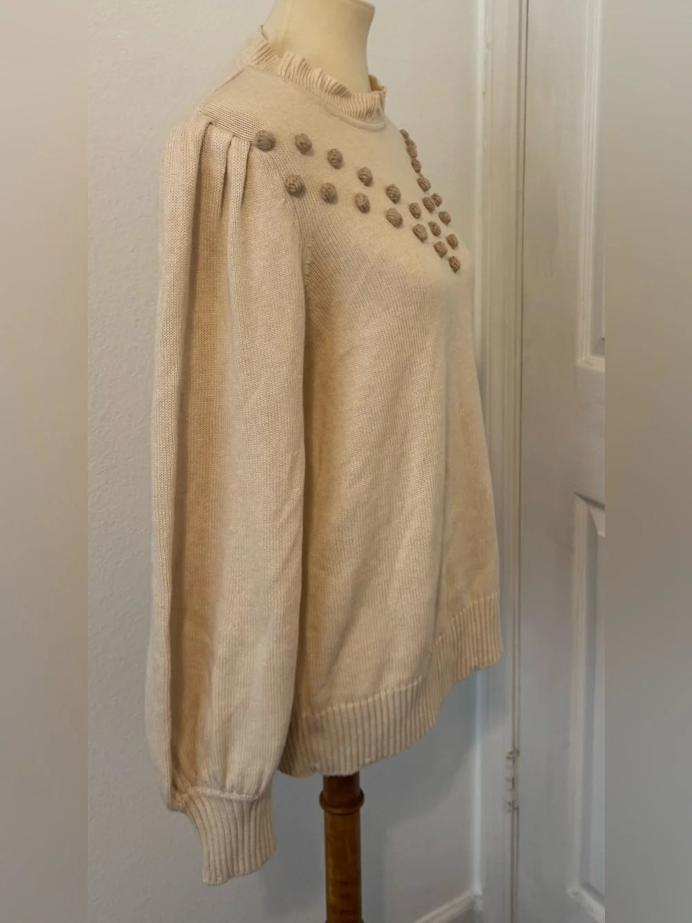Summersalt The Year-Round Balloon Sleeve Pompom Sweater Ruffle Neck Soft Large